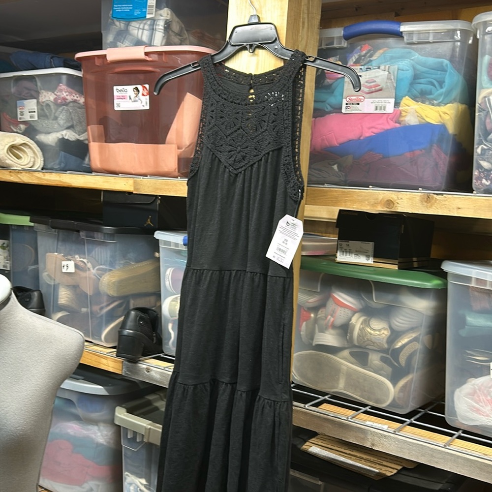 NWT Time and Tru black sleeveless tiered ruffle dress with crochet neckline